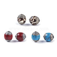 Tibetan Style Beads, with Brass, Synthetic Turquoise, Oval, Antique Silver, Mixed Color, 18~20x15~16mm, Hole: 1.4mm(TIBEB-E079-07-M)