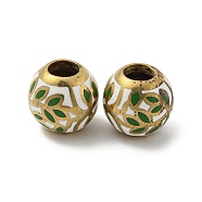 Brass Enamel European Beads, Large Hole Beads, Golden, Round with Leaf, Green, 13x11.5mm, Hole: 5mm(FIND-E044-09G-02)