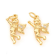 Brass Micro Pave Cubic Zirconia Charms, with Jump Rings, Angel, Clear, Real 18K Gold Plated, 14x9x2.5mm, Jump Ring: 4x0.6mm, Hole: 2.5mm(KK-I672-32G)
