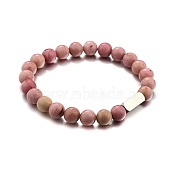 Natural Rhodonite Round Beaded Stretch Bracelet, with Stamping Blank Stainless Steel Cube Beaded, 7-1/4 inch(18.5cm)(PW-WG80752-10)