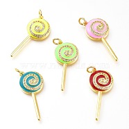 Real 18K Gold Plated Brass Micro Pave Clear Cubic Zirconia Enamel Pendants, Long-Lasting Plated, with Jump Rings, Lead Free & Cadmium Free, Lollipop Shape, Mixed Color, 30x13x4.5mm, Jump Ring: 5x1mm, Inner Diameter: 3mm(ZIRC-A017-07G-RS)