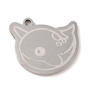304 Stainless Steel Pendants, Whale Charm, Stainless Steel Color, 17.5x21x1.5mm, Hole: 1mm(STAS-C095-02P)