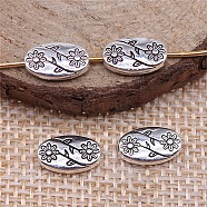 Tibetan Style Alloy Beads, Oval with Flower, Antique Silver, 10x6x3mm(PW-WG28385-02)