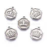 304 Stainless Steel Pendants, Octagon with Crown, Stainless Steel Color, 18x15x3mm, Hole: 1.4mm(STAS-E444-14)