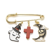 Halloween Ghost & Skull Moon Alloy Enamel Charm Safety Pin with Synthetic Turquoise Cross, Brass Sweater Shawl Clips for Women, Golden, Colorful, 47x49.5x5mm(JEWB-BR00069-03)
