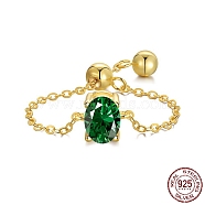 925 Sterling Silver Rolo Chain Rings, Birthstone Ring, with Cubic Zirconia Oval for Women, Adjustable Slider Ring, Real 18K Gold Plated, Green, 1.2mm, US Size 7(17.3mm)(RJEW-A019-12-01G)