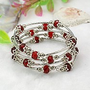 Fashion Wrap Bracelets, with Rondelle Glass Beads, Tibetan Style Bead Caps, Brass Tube Beads and Steel Memory Wire, Red, Inner Diameter: 55mm(X-BJEW-JB00628-13)