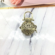 Tibetan Style Brass Bead Cage Pendants, Hollow Round Cage Charms, Antique Bronze, 43x32mm(PW-WG46892-01)