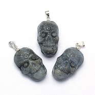 Natural Labradorite Pendants, with Brass Findings, Skull, Platinum, 33x20x11~13.5mm, Hole: 4x5mm(G-P393-A01)
