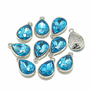 Alloy Glass Pendants, Faceted, teardrop, Platinum, Deep Sky Blue, 22.5x14x7mm, Hole: 1.5mm(PALLOY-T028-13x18mm-12)