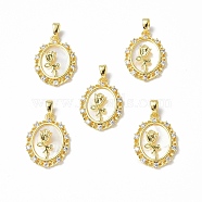 Shell Pendants, with Brass Micro Pave Cubic Zirconia Findings, Oval with Rose Charm for Valentine's Day, 21x15.5x6mm, Hole: 5x2.5mm(KK-P223-06G-01)
