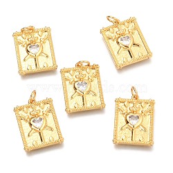 Brass Micro Pave Clear Cubic Zirconia Pendants, Rectangle with Heart and Sword, Real 18K Gold Plated, 20x15x2.4mm, Hole: 3.4mm(X-ZIRC-O036-53G)