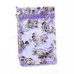 Organza Drawstring Jewelry Pouches, Wedding Party Gift Bags, Rectangle with Gold Stamping Rose Pattern, Medium Purple, 15x10x0.11cm(OP-I001-C02)