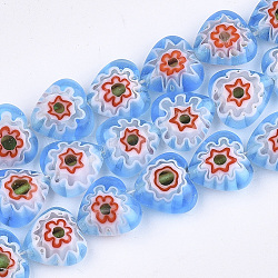 Handmade Millefiori Lampwork Beads Strands, Heart, Cornflower Blue, 10x10x4mm, Hole: 0.8mm, about 42pcs/strand, 15.1 inch(LAMP-S191-19A-05)