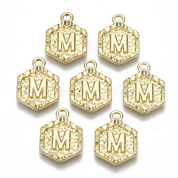 Alloy Pendants, Cadmium Free & Nickel Free & Lead Free, Hexagon with Letter, Real 18K Gold Plated, Letter.M, 17.5x13x2mm, Hole: 2mm(PALLOY-N157-003M-NR)