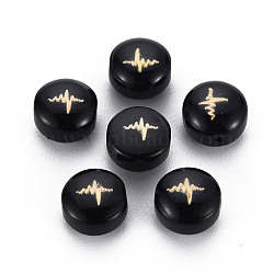 Handmade Lampwork Beads, with Golden Plated Brass Etched Metal Embellishments, Flat Round with ECG, Black, 8x5~6mm, Hole: 0.8mm(LAMP-S196-009)