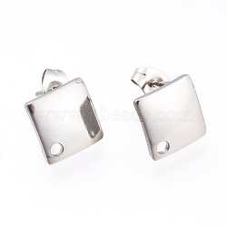 Non-Tarnish 201 Stainless Steel Stud Earring Findings, with Ear Nuts and 304 Stainless Steel Pin, Rhombus, Stainless Steel Color, 13.5x13.5mm, Hole: 1.6mm, Pin: 0.8mm(STAS-L232-110P)