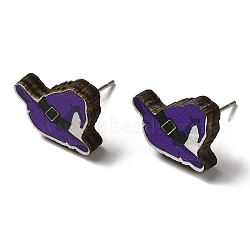 Wood Stud Earrings, with 316 Surgical Stainless Steel Pin, Halloween Theme, Indigo, Hat, 11x16mm(EJEW-Z054-02J)