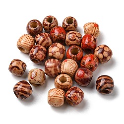 100Pcs Printed Wooden Dyed Beads, Large Hole Beads, Barrel, Mixed Color, 12~12.5x11mm, Hole: 5~5.5mm, 100pcs/bag(WOOD-P019-01B)