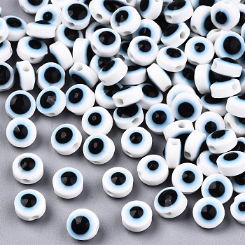 Resin Beads, Flat Round, Evil Eye, White, 7.5~8x5~6mm, Hole: 1.8~2mm