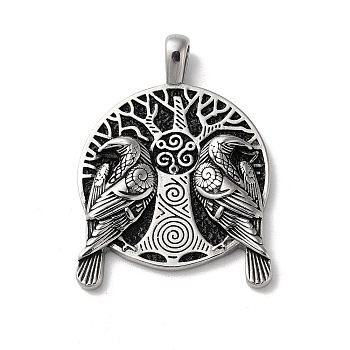Viking 304 Stainless Steel Big Pendants, Tree with Eagle Charms, Antique Silver, 50x36.5x5mm, Hole: 8x5mm.
