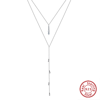 925 Sterling Silver Double Layer Necklaces, Micro Pave 5A Cubic Zirconia, Real Platinum Plated, 15.98 inch(40.6cm)