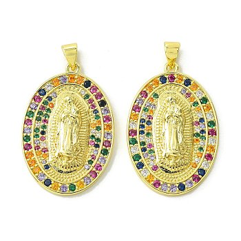 Brass Micro Pave Colorful Cubic Zirconia Pendants, Real 18K Gold Plated, Huamn, Oval, 31.5x21x4mm, Hole: 4x3mm