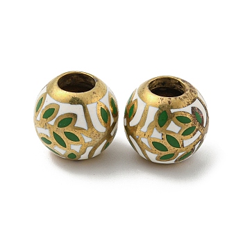 Brass Enamel European Beads, Large Hole Beads, Golden, Round with Leaf, Green, 13x11.5mm, Hole: 5mm