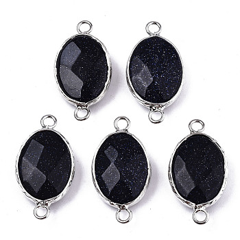 Synthetic Blue Goldstone Links/Connectors, Platinum Tone Brass Edge, Faceted Oval, 27.5x14~15x6mm, Hole: 2mm