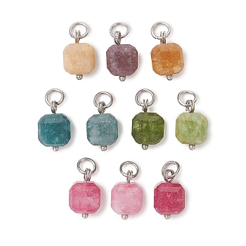 Dyed Natural White Jade Pendants, Faceted Table Cut Cube Charms, with 304 Stainless Steel Jump Rings, Mixed Color, Stainless Steel Color, 12~12.5x7.5~8x7.5~8mm, Hole: 3.5mm