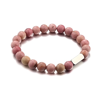 Natural Rhodonite Round Beaded Stretch Bracelet, with Stamping Blank Stainless Steel Cube Beaded, 7-1/4 inch(18.5cm)