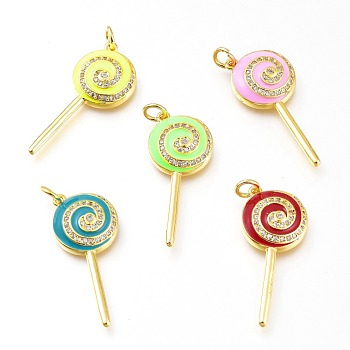 Real 18K Gold Plated Brass Micro Pave Clear Cubic Zirconia Enamel Pendants, Long-Lasting Plated, with Jump Rings, Lead Free & Cadmium Free, Lollipop Shape, Mixed Color, 30x13x4.5mm, Jump Ring: 5x1mm, Inner Diameter: 3mm