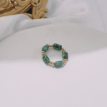 Handmade Natural Green Spot Jasper Stretch Rings, Adjustable Beaded Rings, 