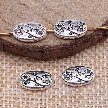 Tibetan Style Alloy Beads, Oval with Flower, Antique Silver, 10x6x3mm