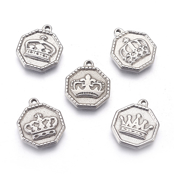 304 Stainless Steel Pendants, Octagon with Crown, Stainless Steel Color, 18x15x3mm, Hole: 1.4mm