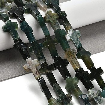 Natural Moss Agate Beads Strands, Cross, 14.5x11x4.5mm, Hole: 0.8mm, about 27pcs/strand, 15.35''(39cm)