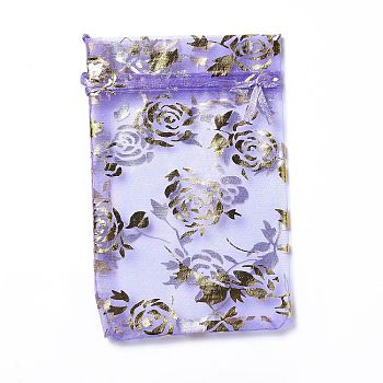 Organza Drawstring Jewelry Pouches, Wedding Party Gift Bags, Rectangle with Gold Stamping Rose Pattern, Medium Purple, 15x10x0.11cm
