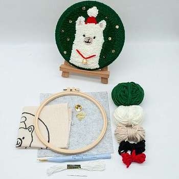 Punch Embroidery Starter Kit, Including Plastic Embroidery Hoop, Alloy Needle, Punch Needle Pen, Fabric, Felt, Threader, Water Removal Pen and 6 Colors Threads, Llama, Mixed Color, 8~290x1.5~275x1~14.5mm