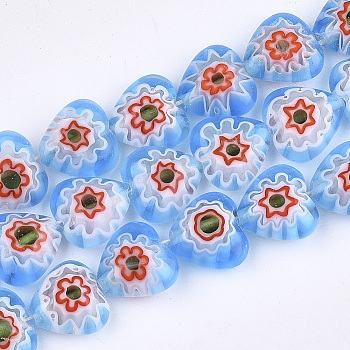 Handmade Millefiori Lampwork Beads Strands, Heart, Cornflower Blue, 10x10x4mm, Hole: 0.8mm, about 42pcs/strand, 15.1 inch