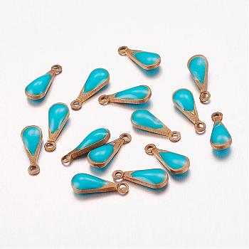 Antique Golden Plated Brass Enamel Teardrop Charms, Enamelled Sequins, Medium Turquoise, 11x4x3mm, Hole: 1mm