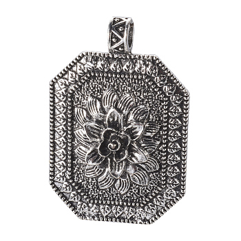 Alloy Big Pendants, Rectangle with Flower, Antique Silver, 50x33x5mm, Hole: 5.5mm