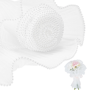 Polyester Flower Bouquet Wrapping Mesh Paper, with ABS Plastic Imitation Pearl Edge, Bouquet Packaging Paper Wrinkled Wavy Net Yarn, for Valentine's Day, Wedding, Birthday Decoration, White, 4000x140~150mm