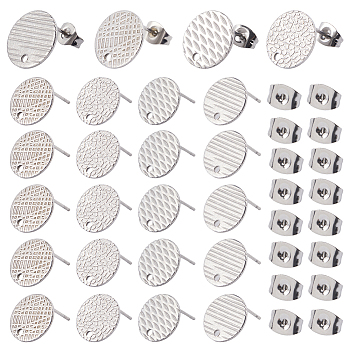 40Pcs 4 Styles Textured Flat Round 304 Stainless Steel Stud Earring Findings, with Ear Nuts/Earring Backs and Hole, Stainless Steel Color, 12mm, Hole: 1.2mm, Pin: 0.8mm, 10pcs/style