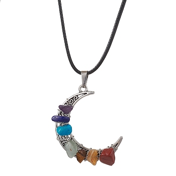 Tibetan Style Alloy Moon Pendant Necklace, Natural & Synthetic Mixed Gemstone Chips Chakra Theme Necklace, Antique Silver, 17.83 inch(45.3cm)