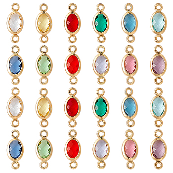 36Pcs 12 Colors Brass Pave Faceted Glass Oval Connector Charms, Golden, Mixed Color, 11.5x5x2mm, Hole: 1mm, 3pcs/color