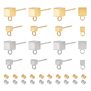 32Pcs 4 Style 304 Stainless Steel Stud Earring Findings, with Ear Nuts and Horizontal Loops, Cube, Golden & Stainless Steel Color, 6~8x3~5mm, Hole: 1.8~2mm, Pin: 0.5mm, 8Pcs/style