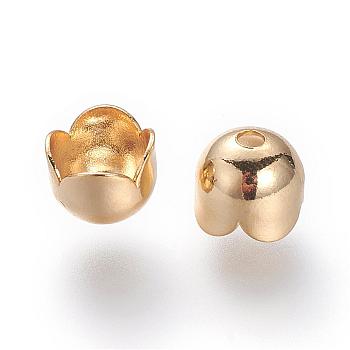 Brass Bead Cap Findings, Nickel Free, Real 18K Gold Plated, 4-Petal, 6x5mm, Hole: 1.5mm
