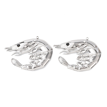 304 Stainless Steel with Rhinestone Pendants, Shrimp Charms, Stainless Steel Color, 35.5x47x4mm, Hole: 1.5mm