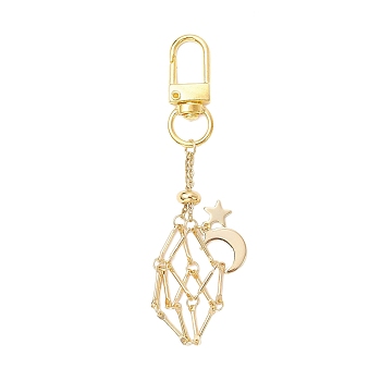Brass Macrame Pouch Empty Stone Holder Pendant Decoration, with 304 Stainless Steel Star Moon Charms and Alloy Swivel Clasps, Golden, 95mm