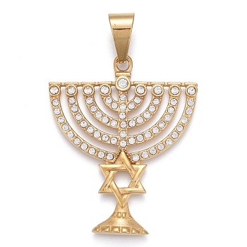 304 Stainless Steel Pendants, with Crystal Rhinestone, Candelabrum with Star of David, Golden, 48.5x40x3mm, Hole: 6.5x12mm